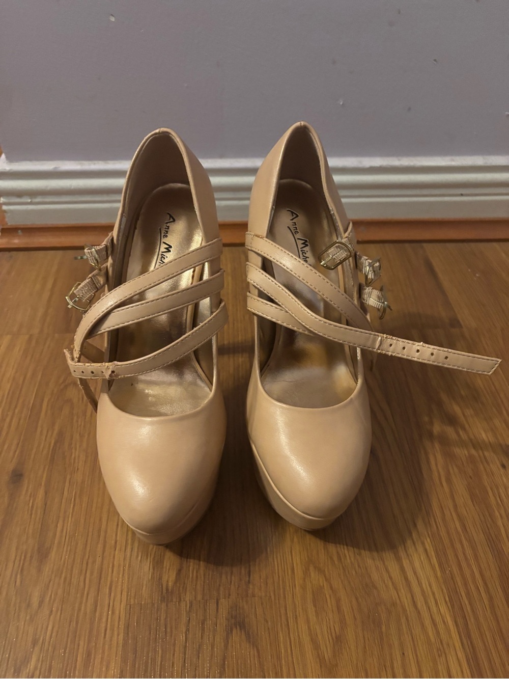 Anne Michelle Beige Strappy Platform Pumps